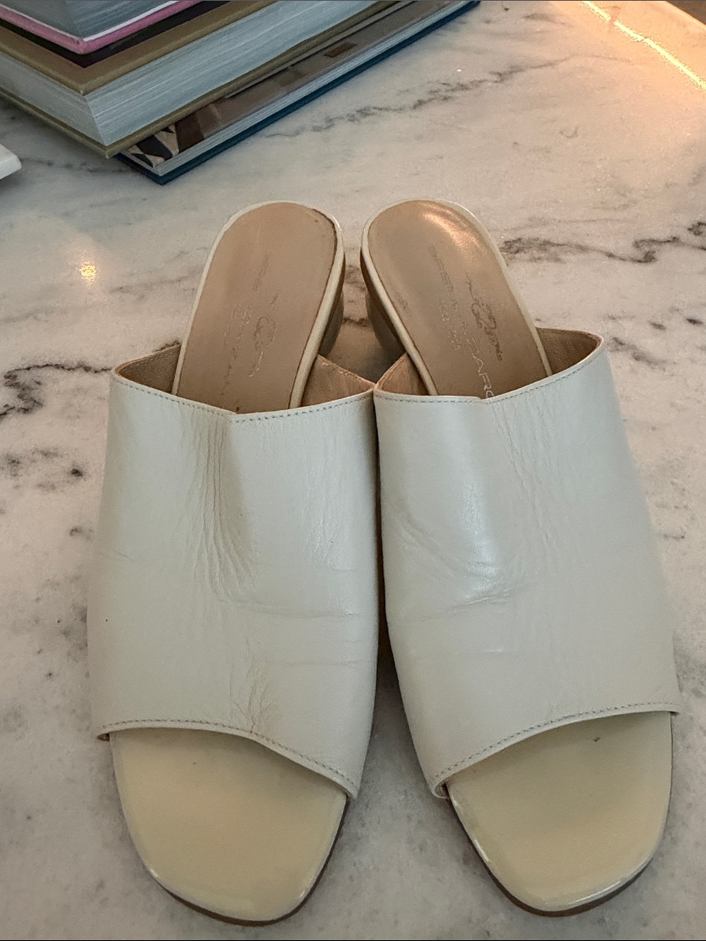 Cream Open-Toe Leather Slide Mules